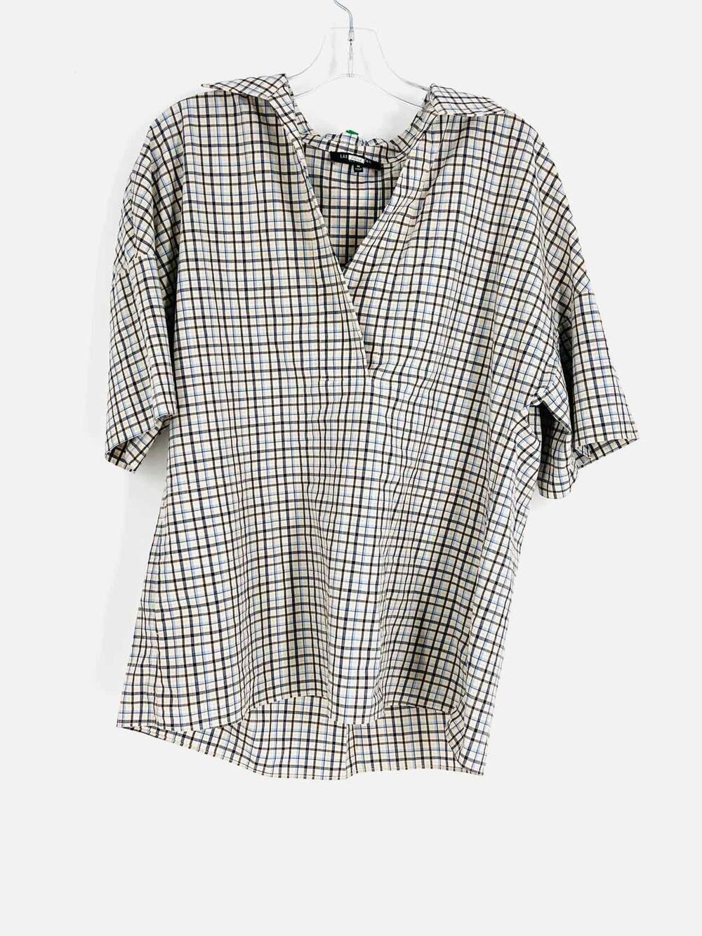 Lafayette 148 Size M Beige/Black Collared Plaid Designer Top-Short Sleeve